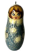 RUSSIAN Wood Snowgirl Hand Carved Painted Blue White Christmas Ornament  NEW