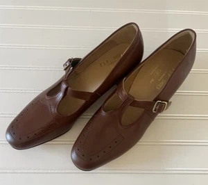 NOS VTG 1960s T Strap Brown Leather Shoes Sz 10 Narrow FSP Musebeck Mary Janes - Picture 1 of 7