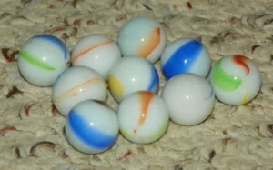 Vintage - Milk Glass Color Stripe / Swirl Marbles - Assorted Lot of 10 - White - Picture 1 of 1