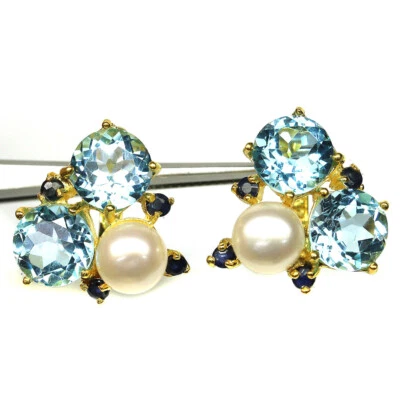 Pendientes de plata de ley 925 con topacio azul cielo, perlas y zafiros enchapados en oro de 18 quilates Foto 1 de 4