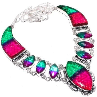 Carved Bi-Color Tourmaline Gemstone 925 Sterling Silver Necklace 18" F103 - Image 1 of 4