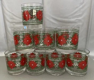 Lot Of 8 Hallmark Poinsettia Christmas 8 oz Lowball /Rocks Cocktail Glasses - Picture 1 of 5