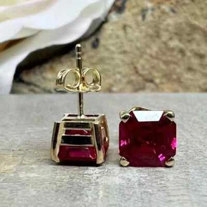 3CT Lab Created Asscher Cut Ruby Women's Stud Earrings 14K Yellow Gold Plated - Picture 1 of 7