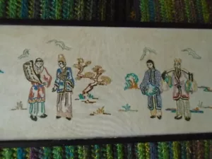 Chinese Hand Embroidered picture Vintage image of people framed glazed 22x85cm - Picture 1 of 9