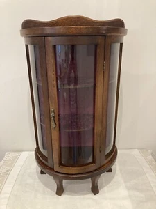 Vintage Wood Curio Cabinet, Bow Front Footed Mini Display Cabinet (H 23” Approx) - Picture 1 of 18