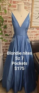 Blondie Nites Prom Dress Sz 7 Blue Ballgown Embellished Pockets - Picture 1 of 6