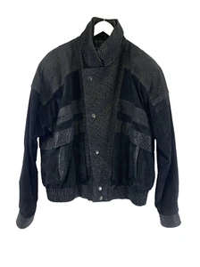 Byrnes And Baker Insulated Black Suede Bomber Jacket Textured Snap Zip Women Lrg - Picture 1 of 16