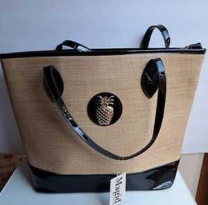 Magid Oversize Straw Handbag with Black Patent Trim and Gold Pineapple Medallion - Picture 1 of 14