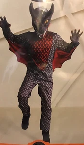 ~Imperfect~ Kids Medium (8) Black Dragon Halloween Costume Jumpsuit W/Headpiece - Picture 1 of 12