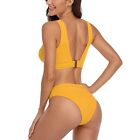 (Yellow L)Woman Bathing Suits Two Piece Swimsuit Polyester Wide Strap GFL