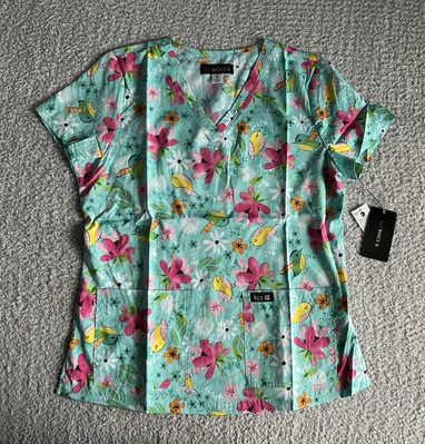 Koi Basics Scrub Top Women’s Sz Medium Tweety Green Birds Floral Nursing Medical - Image 1 of 4