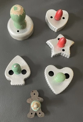 1960s Assorted Set of 6 Aluminum Cookie Cutters Green & Red Wood Handles Knobs - Image 1 of 4