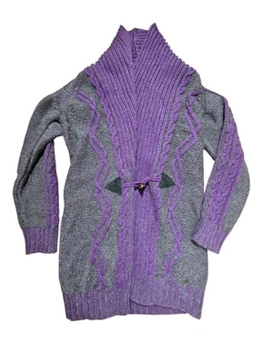 Cárdigan Aran Ireland De Colección Lana Merino Púrpura Gris Tejido con Cable Madera Botón Talla S Foto 1 de 4