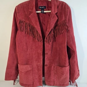 Denim & Co Genuine Washable Suede w/Fringe Lined Jacket Size Large Red Leather  - Picture 1 of 11