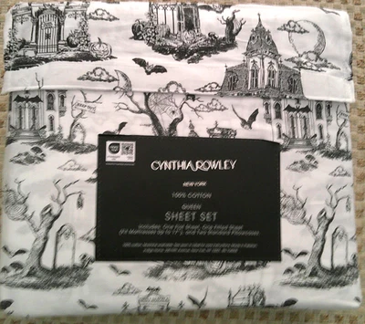 4pc CYNTHIA ROWLEY Queen Sheet Set Halloween Haunted House Graveyard Cotton - Image 1 of 2