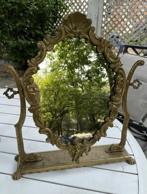 Antique French Rococo Vanity Mirror Brass Tabletop Cherub Detail 18” x 16” - Image 1 of 4