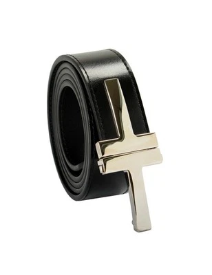 995 美元 Tom Ford 黑色皮革银色金属 T 形扣装饰皮带尺寸 34 英寸/85 厘米 — 第 1/4 张图片