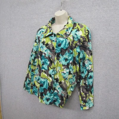 RQT Mujer Top Camisa Blusa Plus 1X Azul Verde Manga Larga Botones Preppy Foto 1 de 4