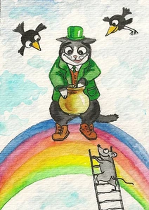 PRINT OF WATERCOLOR ACEO PAINTING TUXEDO CAT RYTA CROW RAINBOW ST PATRICKS DAY - Picture 1 of 1