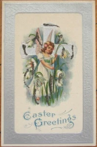 Easter 1910 Silver-Embossed Postcard: Girl, Lillies, Cross & Applied Glitter - Picture 1 of 1