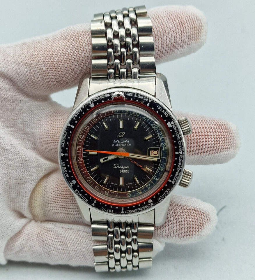 RARO ENICAR Sherpa Guide 600 GMT Temporizador Mundial Dial Negro Reloj Automático Hombre / L007 Foto 1 de 1