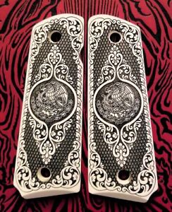1911 full size custom 3D engraved ivory grips Scroll Mexican Flag Eagle Aquila