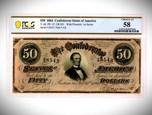 $50 Confederate 1864 US Note T-66 PF-12 CR-501 Civil War PCGS 58 RARE CSA BANK - Picture 1 of 2