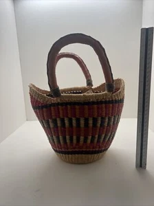 Ghana Mercado Africano Bolga Cesta Tejida a Mano Asas de Cuero Natural - Imagen 1 de 4