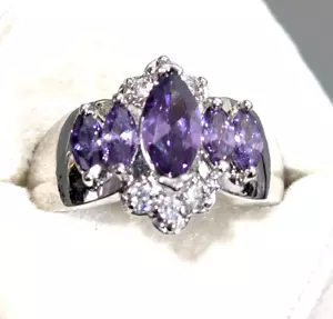 Purple Marquise Four Stone Cocktail Ring Silver Tone Size 10 - Picture 1 of 14