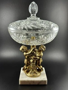 Vtg Hollywood Regency Style Crystal Compote Covered Bowl Brass Cherubs Marble - Picture 1 of 13