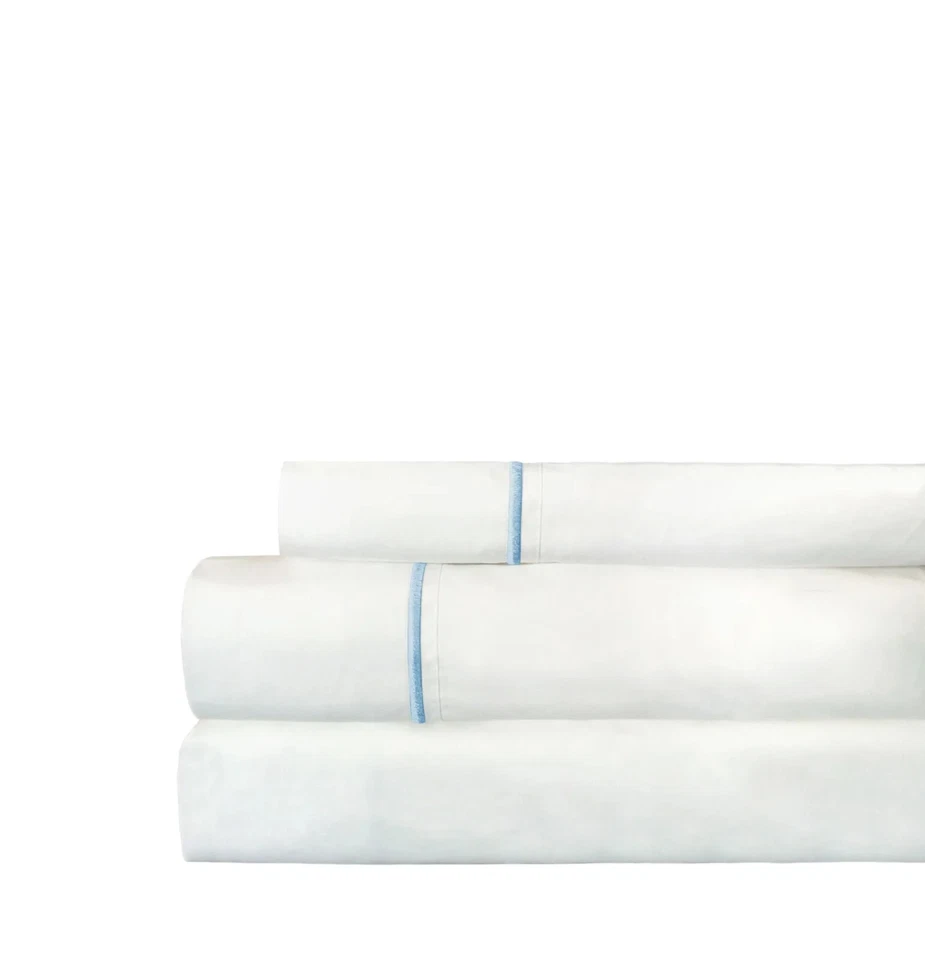 Melange Home Single Embroidered Line 300 Thread Count 100% Cotton White Blue - Image 1 of 1
