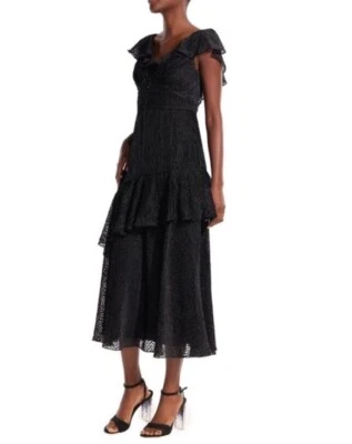  ML Monique Lhuillier Cap Sleeve Midi Dress in Jet Gold Size 2 Black Glitter - Image 1 of 4