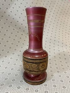 Wooden Red Vase Mexico Lathe Turned and Etched with Flowers & Geo Design 11"