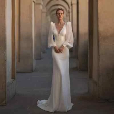 Wedding Dresses V-Neck Backless Bridal Robes Long Puff Sleeves Gown Formal Wear - Image 1 of 4