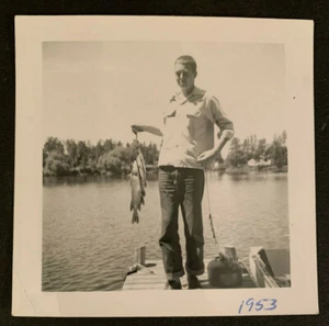 Vintage Old Photo Fisherman on Pier Holding A Stringer of Fish He Caught #4889 - Picture 1 of 1