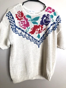 Vintage HAND Made Knit SS Floral Sweater by ZENNY BENITEZ - Picture 1 of 1