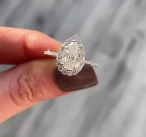 Art Deco 2 CT Pear Cut Moissanite Halo Engagement Ring For Women 14K White Gold - Picture 1 of 6