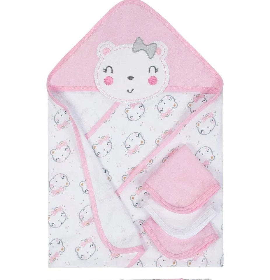 Gerber Baby Girls Organic 4 Piece Terry Bath Set Hooded Towel, Washcloths NEW - Image 1 of 1