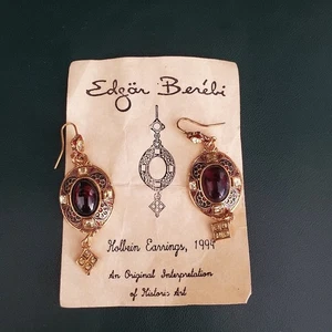 VTG Edgar Berebi Earrings Glass Red Garnet Cabochon Gold Plate Leverback 1994 - Picture 1 of 8