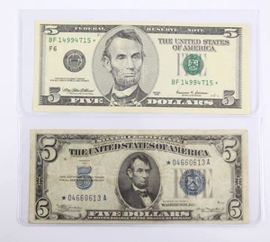 Lot of 2 $5 Star Notes 1934-A Silver Certificate 1999 Federal Reserve Note - Picture 1 of 6