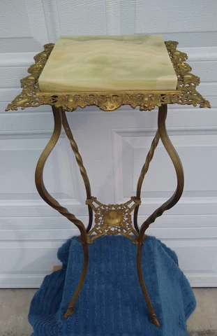 RARE! Superb Victorian Brass Bronze Plant Fern Stand Pedestal Table Onyx Top Cover