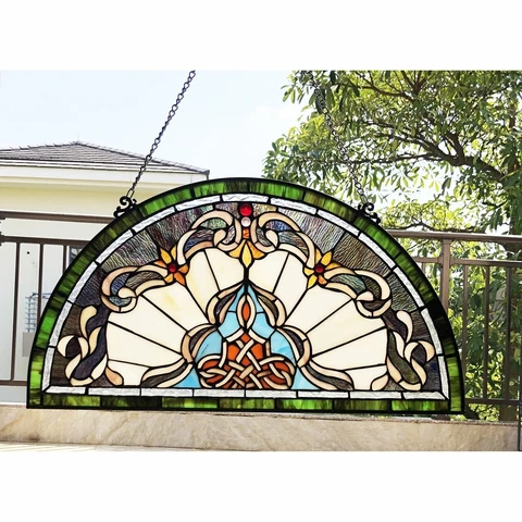 24" Victorian spring half-moon demi lune stained glass window Cover