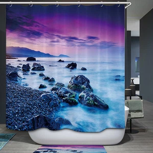 Ocean Rock Sunset Shower Curtain Purple Blue Rocky Shore Tranquil Scene Nautical - Picture 1 of 1