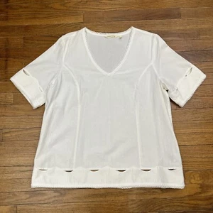Soft Surroundings White Cotton Canvas V Neck Cut Out Blouse Tunic Top Sz Large - Picture 1 of 11