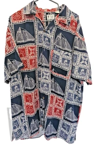 Reyn Spooner Aloha Hawaiihemd Gr. XLT 100% Seide Segelboot Möwe blau rot - Bild 1 von 10