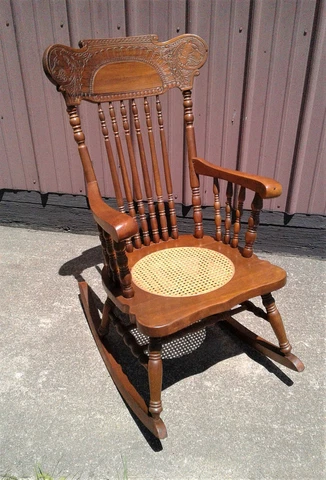 Vintage Mahogany Rocking Chair Pressed Gargoyle Busts Cane Seat Reproduction Cover