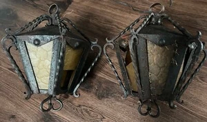 Arts & Crafts Era Twisted Wrought Iron Exterior Ceiling Lantern Pair  As Is - Picture 1 of 14