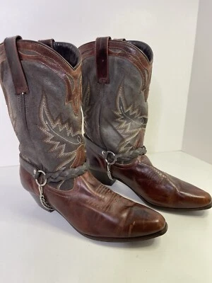 Botas de Vaquero Vintage Oak Tree Farms Cuero Marrón Bordado Cadena Plateada Talla 8 Foto 1 de 4