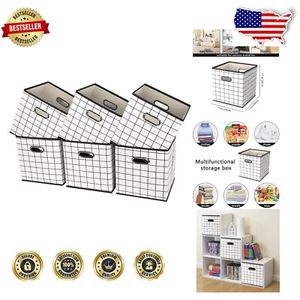Stylish White Grid Fabric Storage Cubes - Collapsible Dual Handle Design - Picture 1 of 9