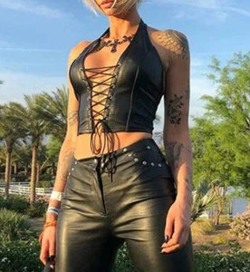 Mujeres Sexy Cuero PU Halter Sin mangas Prendas para el torso recortadas con cordones Bustier Corsé Chaleco Prendas para club nocturno - Imagen 1 de 12